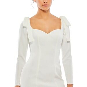 IEENA Mac Duggal White Long‎ Sleeve Bow Shoulder Sweetheart Mini Dress Size 0